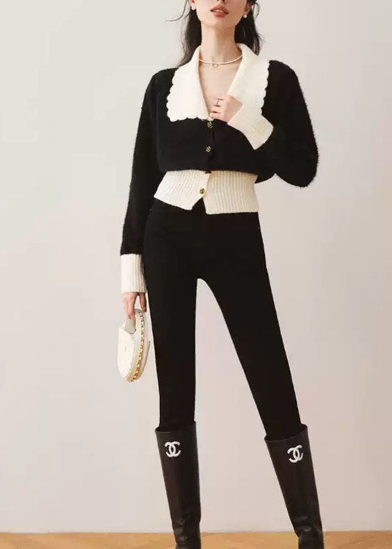 French Black Peter Pan Collar Patchwork Knit Cardigan Spring