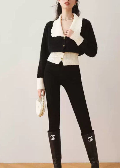 French Black Peter Pan Collar Patchwork Knit Cardigan Spring