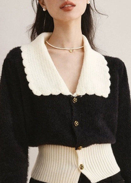 French Black Peter Pan Collar Patchwork Knit Cardigan Spring