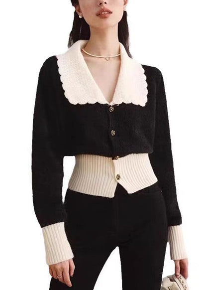 French Black Peter Pan Collar Patchwork Knit Cardigan Spring