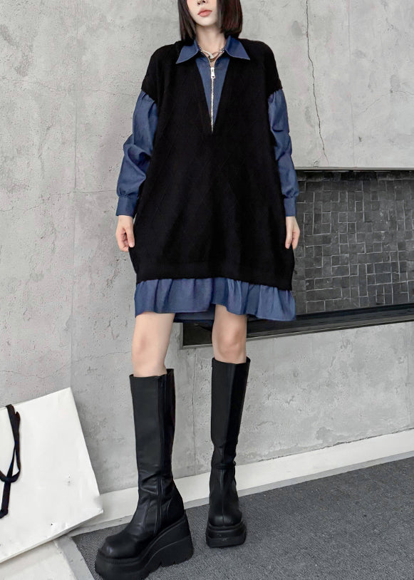 French Black Peter Pan Collar Zippered Denim Patchwork Mid Dresses Spring