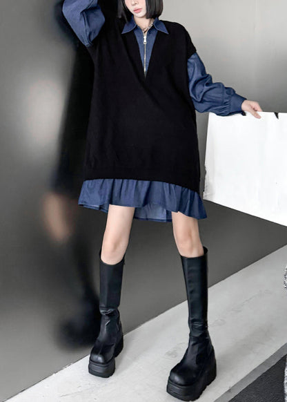 French Black Peter Pan Collar Zippered Denim Patchwork Mid Dresses Spring