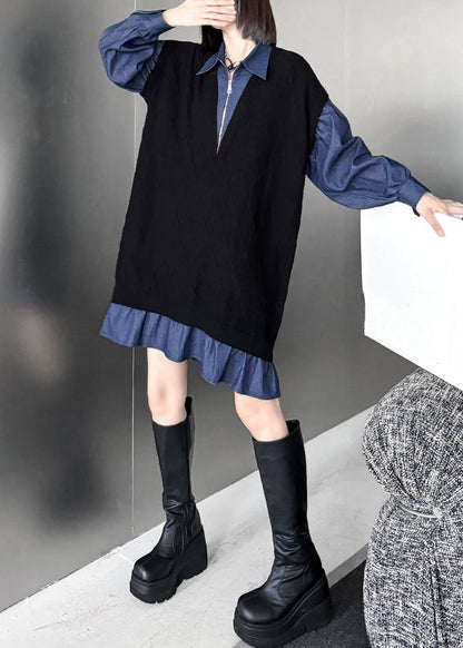 French Black Peter Pan Collar Zippered Denim Patchwork Mid Dresses Spring