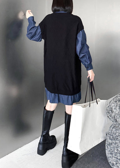 French Black Peter Pan Collar Zippered Denim Patchwork Mid Dresses Spring