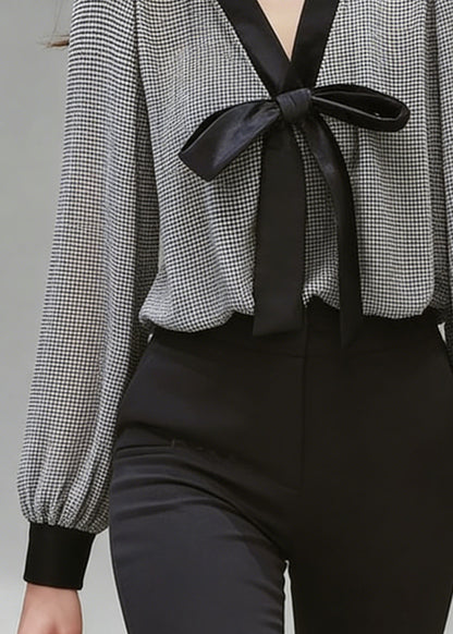 French Black Plaid Bow Chiffon Shirt Top Spring
