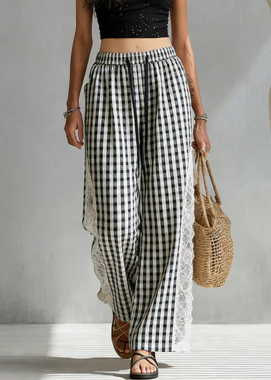 French Black Plaid Elastic Waist Lace Patchwork Cotton Pants Summer