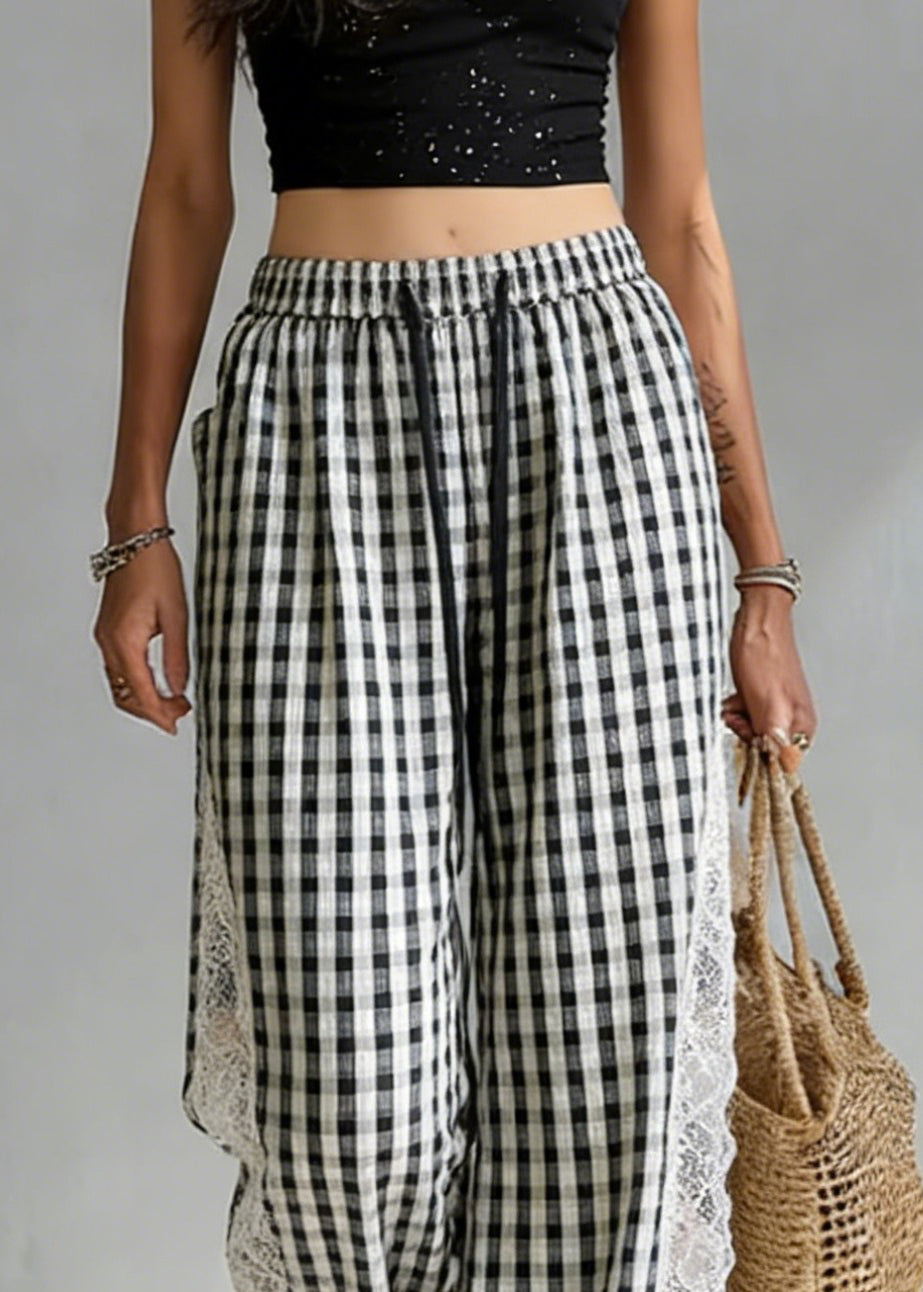 French Black Plaid Elastic Waist Lace Patchwork Cotton Pants Summer