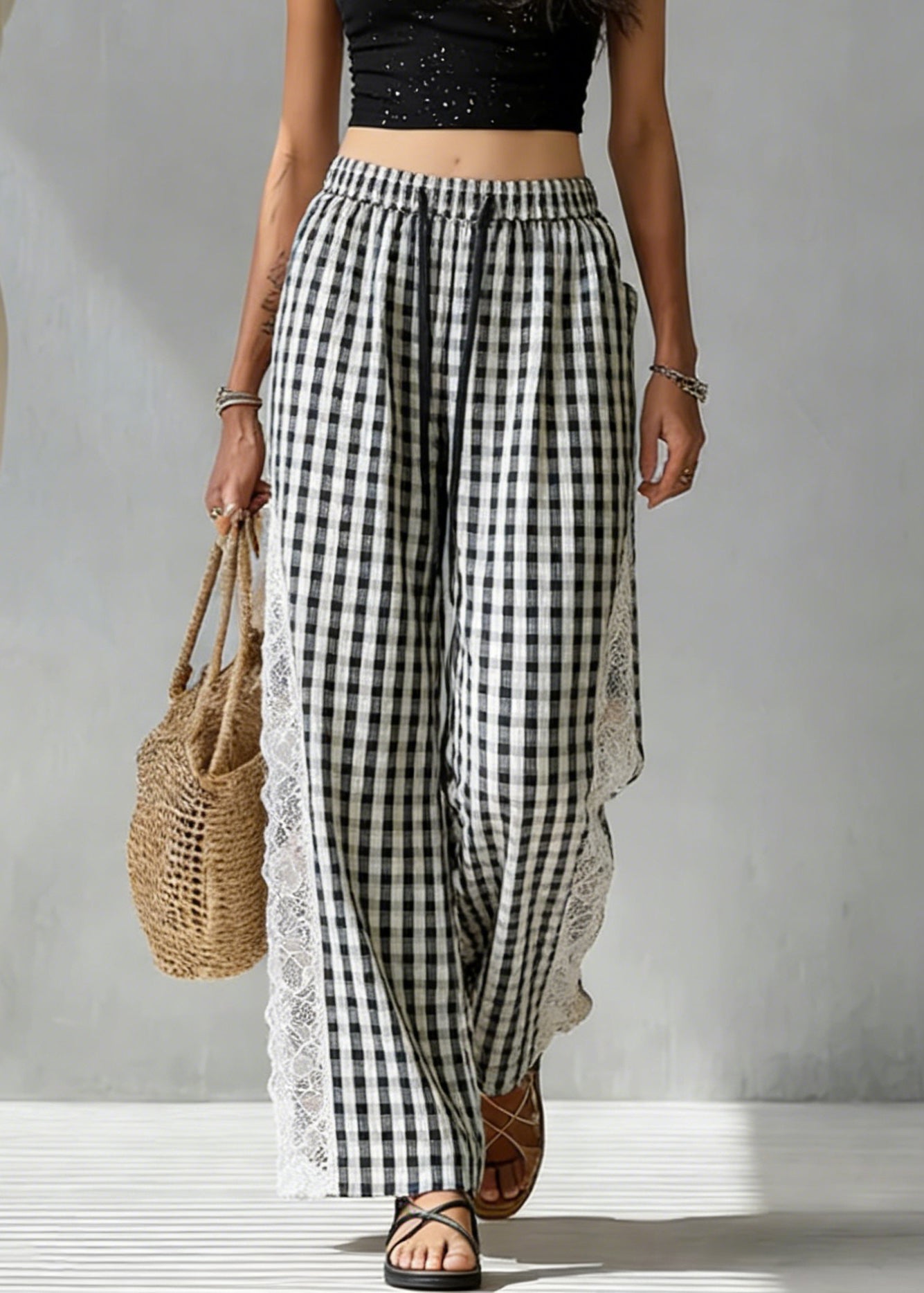 French Black Plaid Elastic Waist Lace Patchwork Cotton Pants Summer