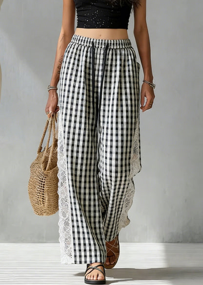 French Black Plaid Elastic Waist Lace Patchwork Cotton Pants Summer