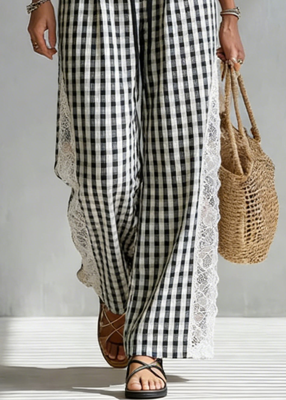 French Black Plaid Elastic Waist Lace Patchwork Cotton Pants Summer