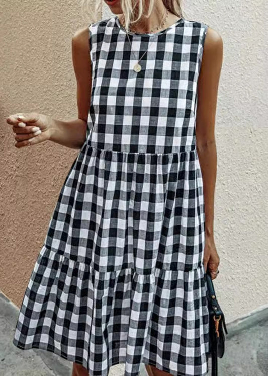 French Black Plaid Pockets Cotton Dress Sleeveless