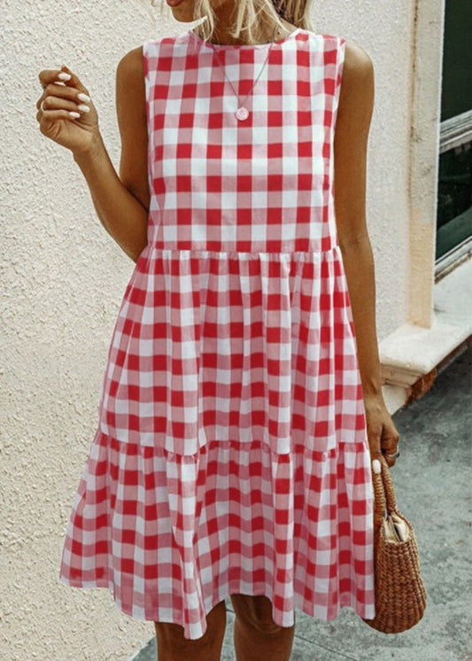 French Black Plaid Pockets Cotton Dress Sleeveless