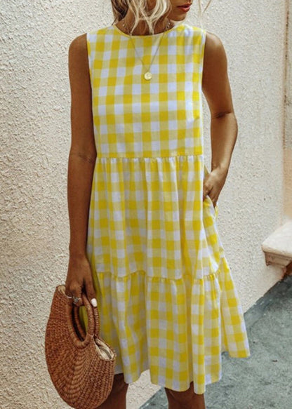 French Black Plaid Pockets Cotton Dress Sleeveless