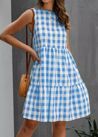 French Black Plaid Pockets Cotton Dress Sleeveless