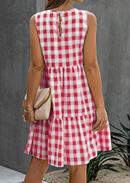 French Black Plaid Pockets Cotton Dress Sleeveless