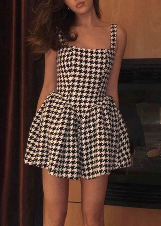 French Black Plaid Zippered Cotton Mini Dresses Sleeveless