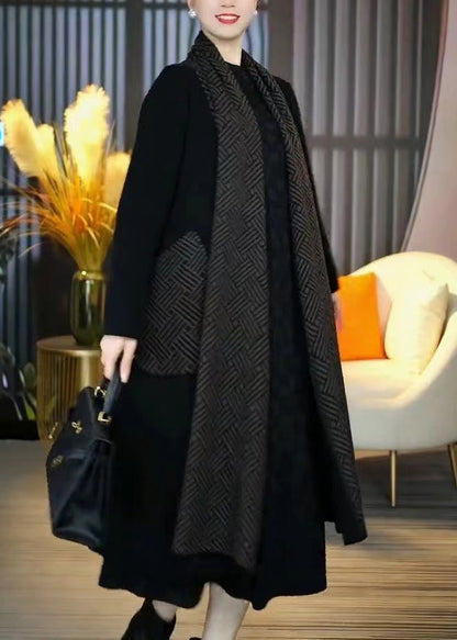 French Black Pockets Patchwork Knit Long Cardigans Winter