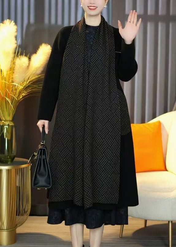 French Black Pockets Patchwork Knit Long Cardigans Winter