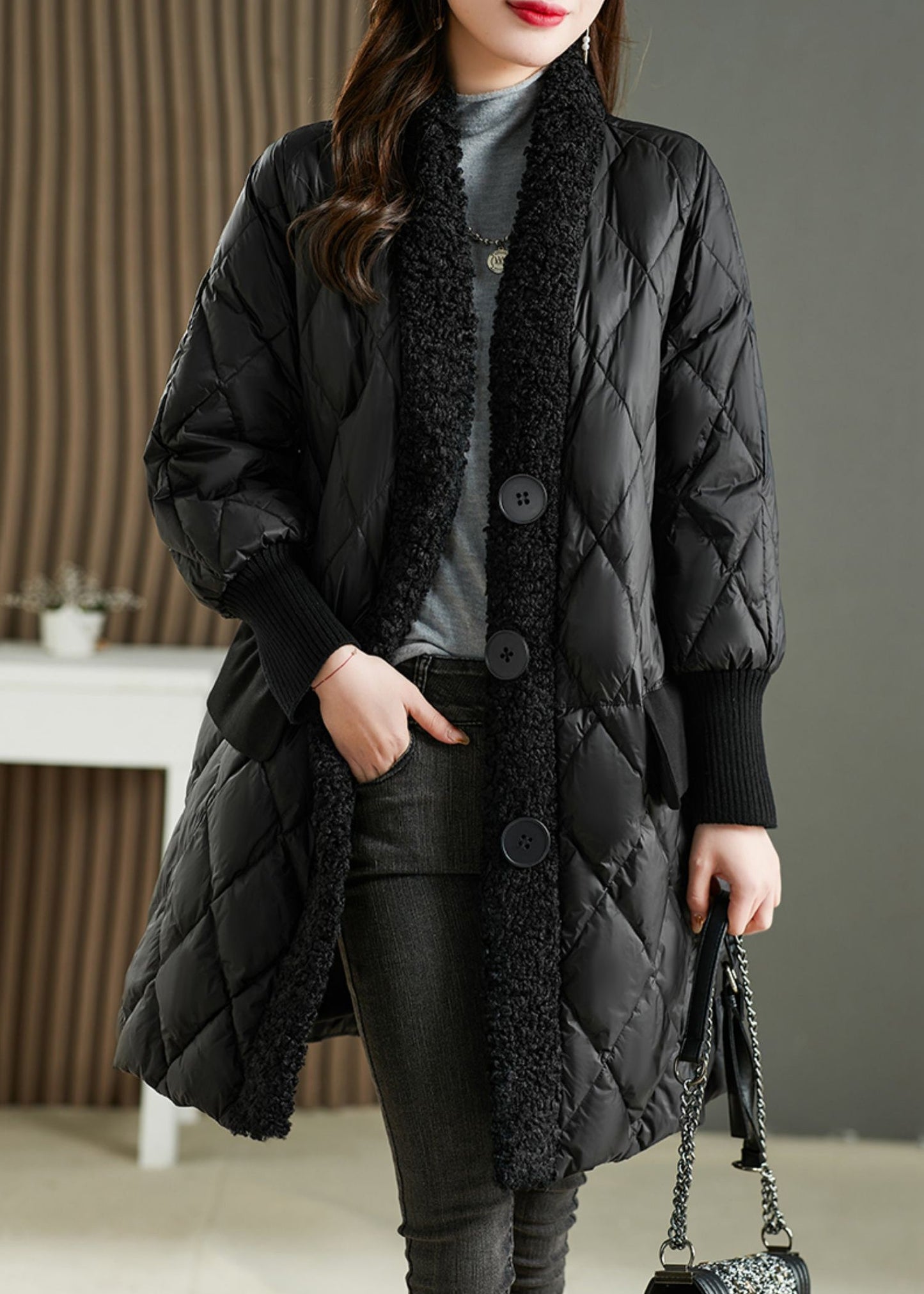 French Black PocketsTeddy Faux Fur Patchwork Blended Parka Winter