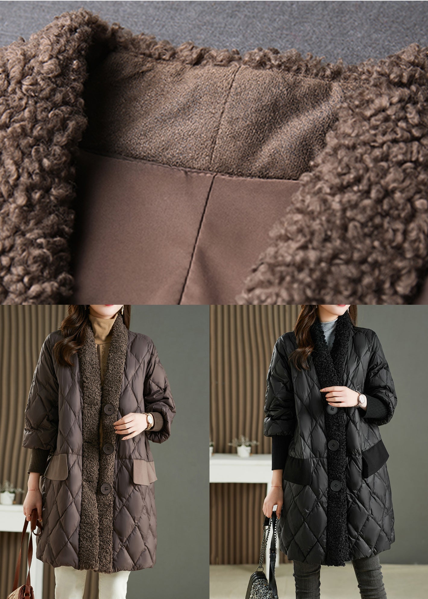 French Black PocketsTeddy Faux Fur Patchwork Blended Parka Winter
