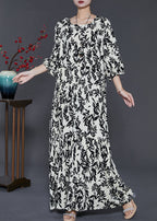 French Black Print Cotton Holiday Dress Summer