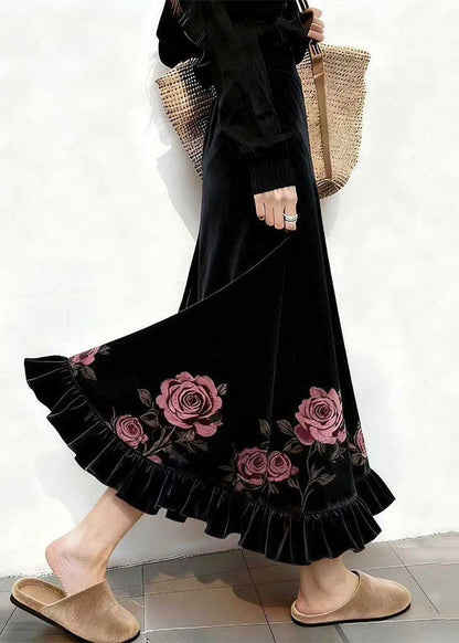 French Black Print High Waist Silk Velvet Skirts Winter