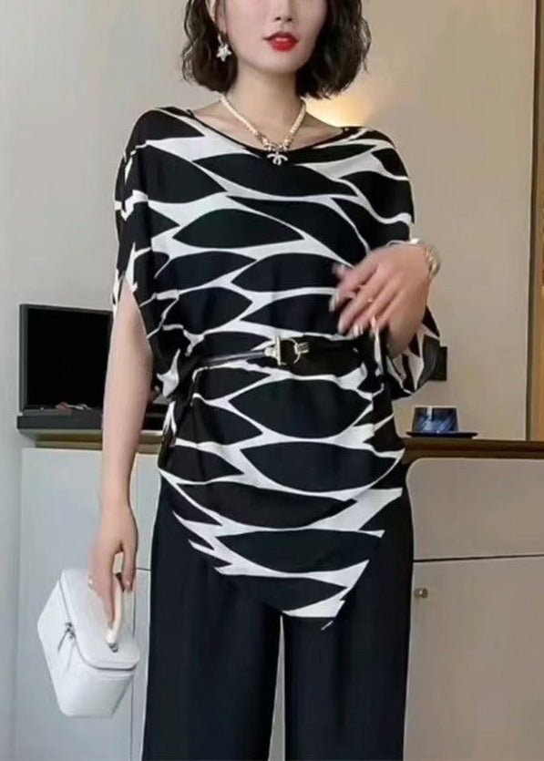 French Black Print Sashes Cotton Shirts Asymmetrical Batwing Sleeve