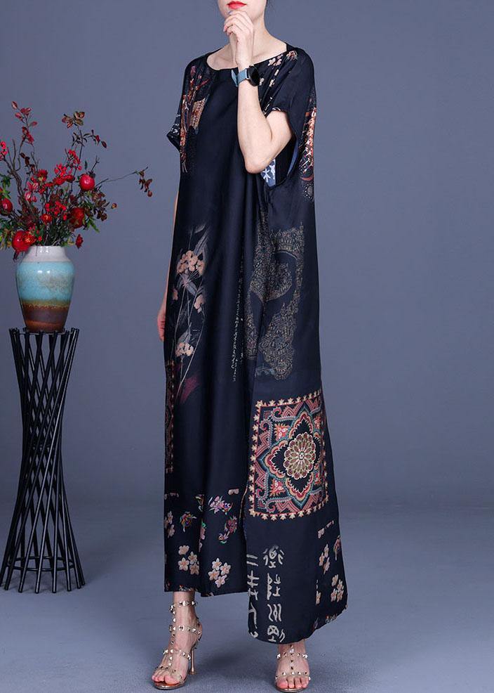 French Black Print Side open Silk Long Dress Summer - SooLinen