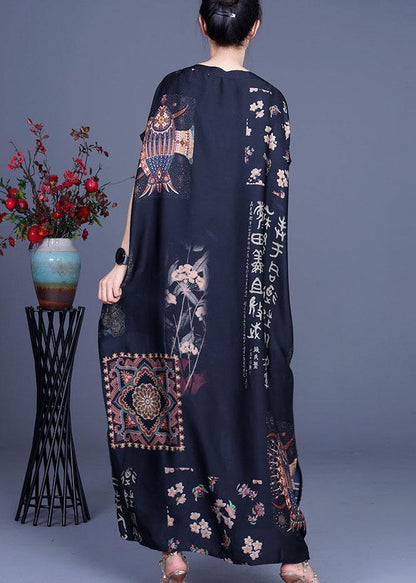 French Black Print Side open Silk Long Dress Summer - SooLinen