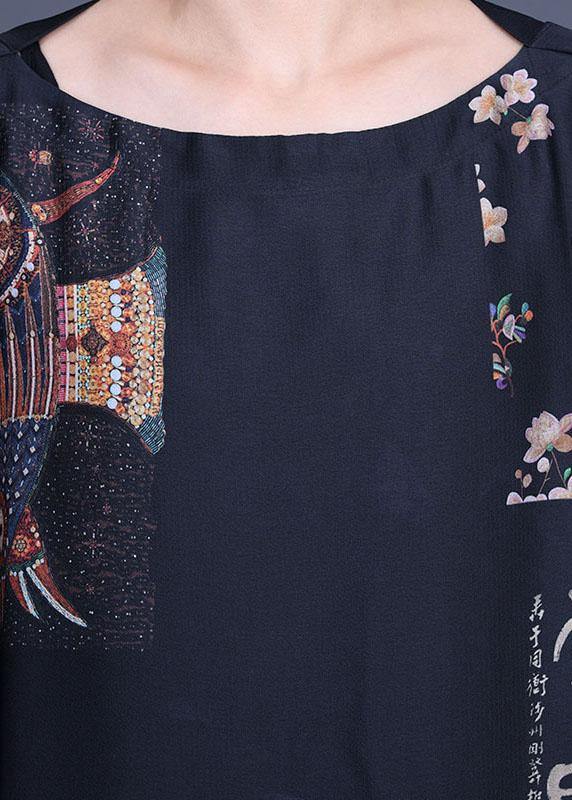 French Black Print Side open Silk Long Dress Summer - SooLinen