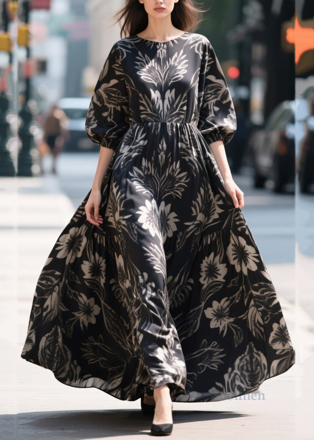 French Black Puff Sleeve Print Chiffon Ankle Dress