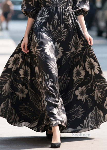 French Black Puff Sleeve Print Chiffon Ankle Dress