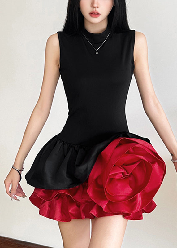 French Black Rose Floral Mid Dresses Sleeveless