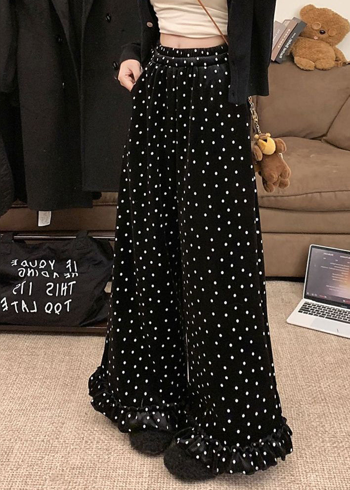 French Black Ruffled Dots Silk Velour Wide Leg Trousers Winter