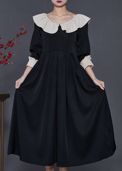 French Black Ruffled Exra Large Hem Cotton Long Dresses Spring