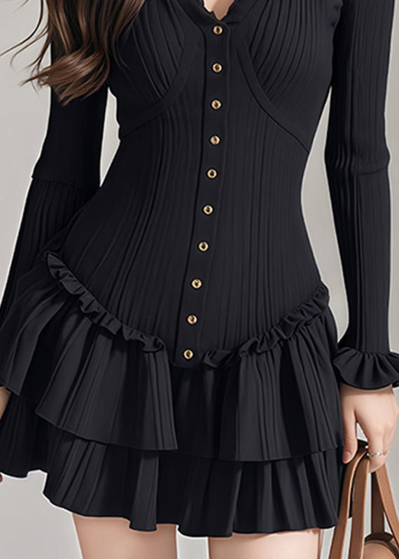 French Black Ruffled Patchwork Button Knit Mid Dress Petal Sleeve