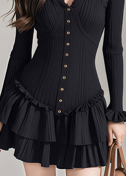 French Black Ruffled Patchwork Button Knit Mid Dress Petal Sleeve