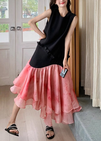 French Black Ruffled Patchwork Cotton Long Dresses Sleeveless