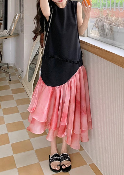 French Black Ruffled Patchwork Cotton Long Dresses Sleeveless