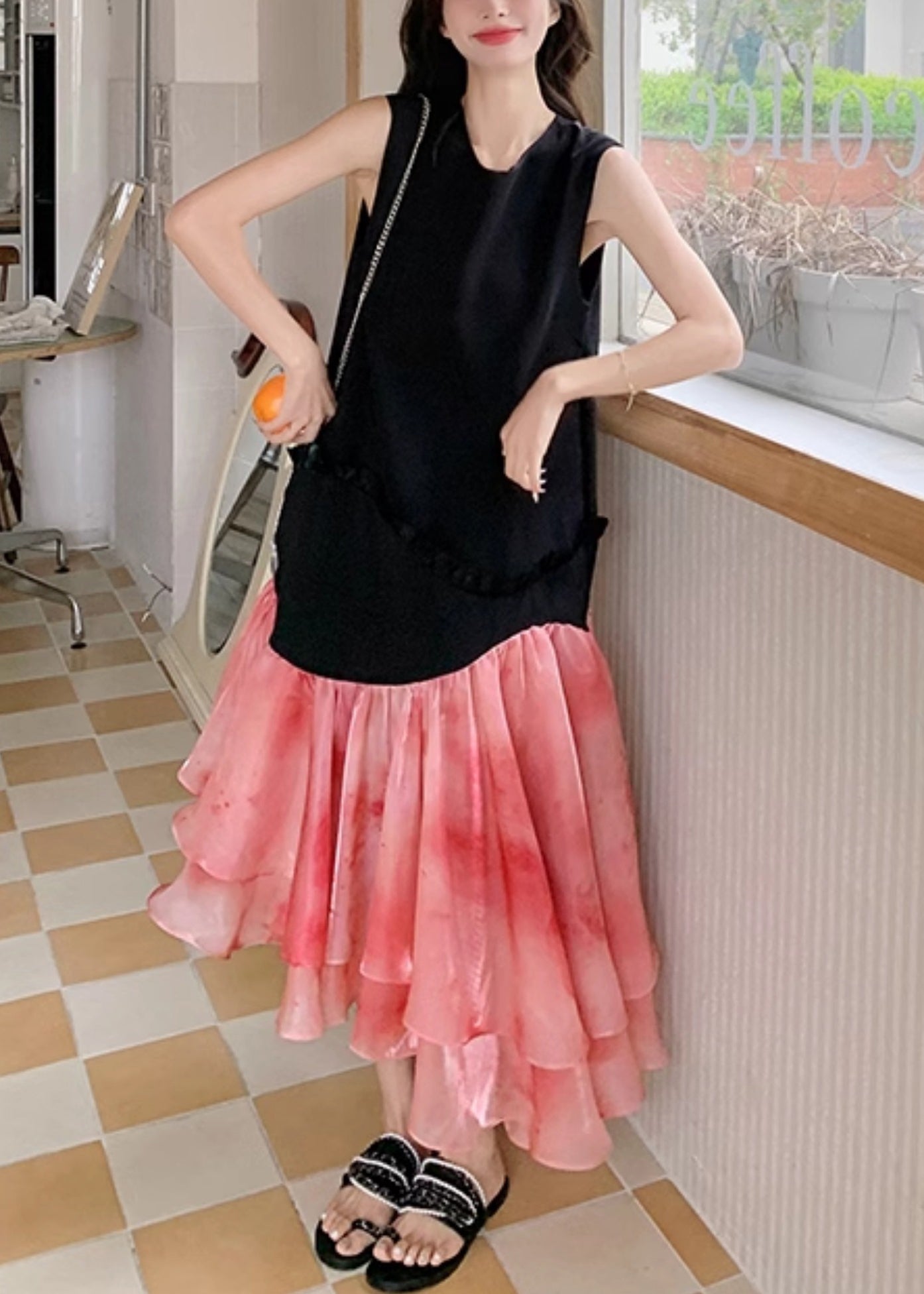 French Black Ruffled Patchwork Cotton Long Dresses Sleeveless