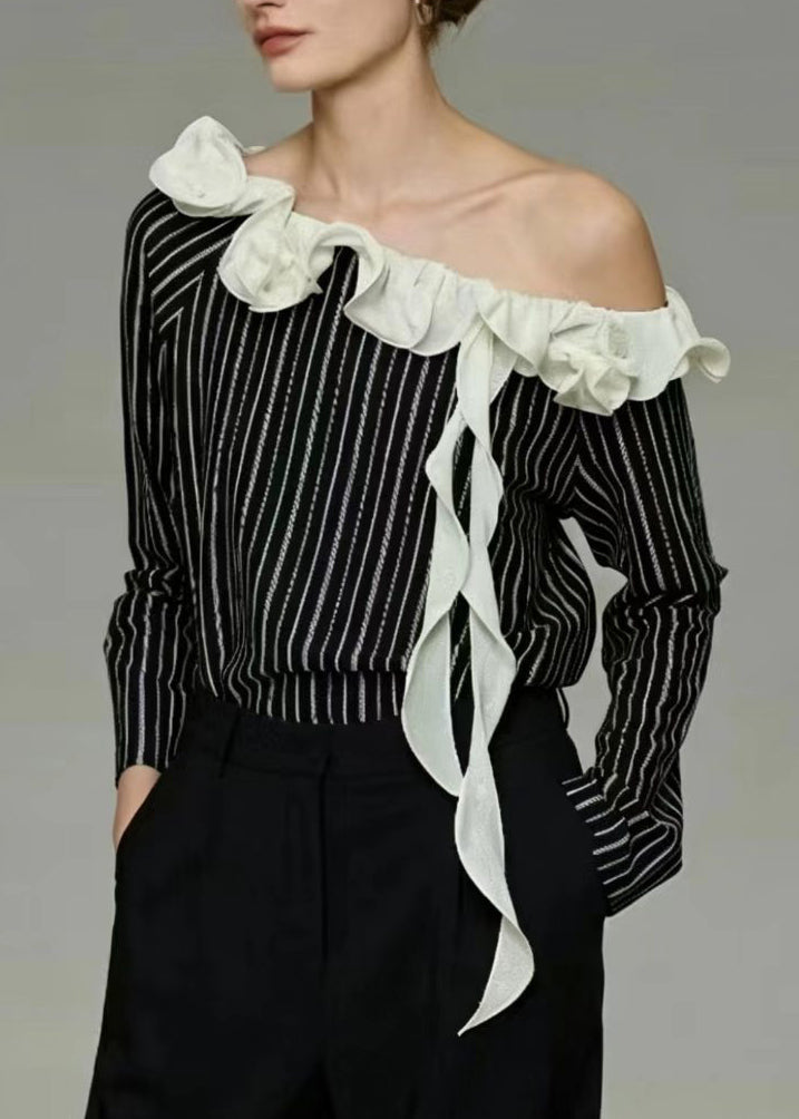 French Black Ruffled Striped Cold Shoulder Shirt Top Summer