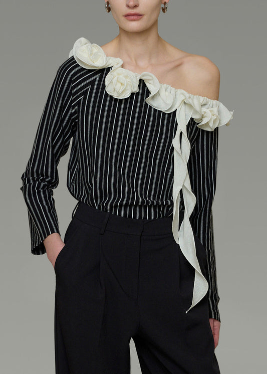 French Black Ruffled Striped Cold Shoulder Shirt Top Summer