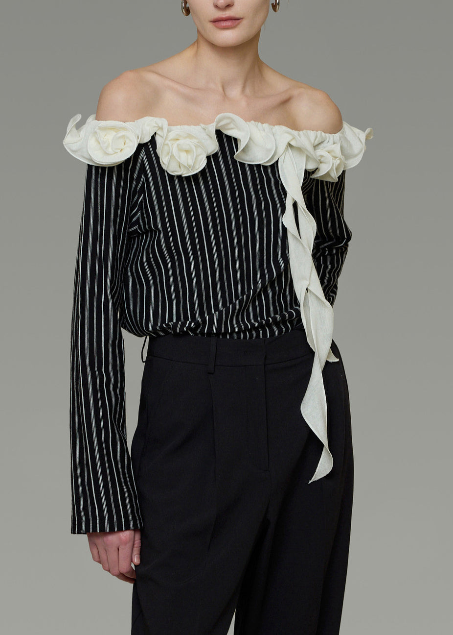 French Black Ruffled Striped Cold Shoulder Shirt Top Summer