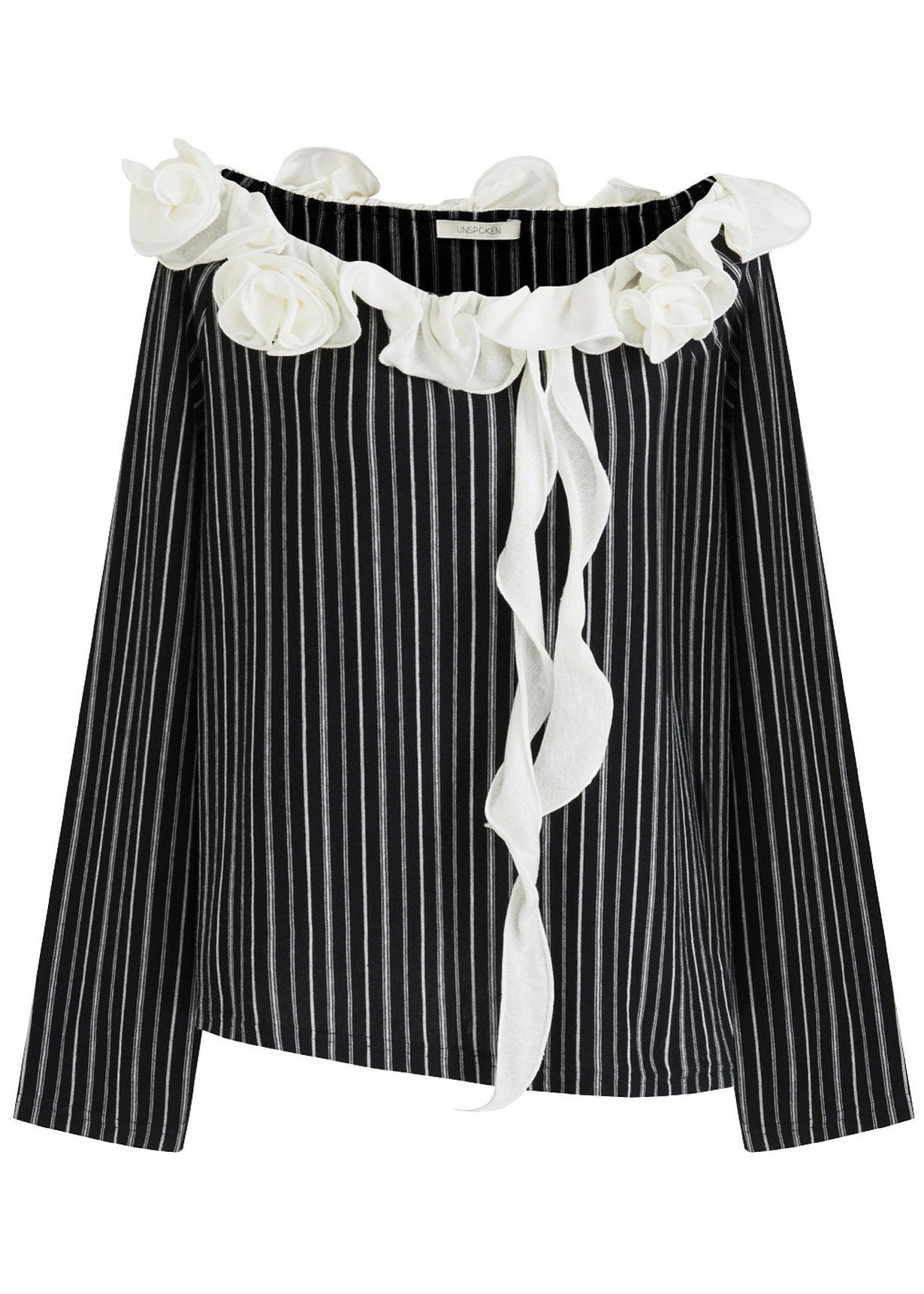 French Black Ruffled Striped Cold Shoulder Shirt Top Summer