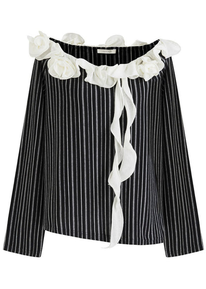 French Black Ruffled Striped Cold Shoulder Shirt Top Summer