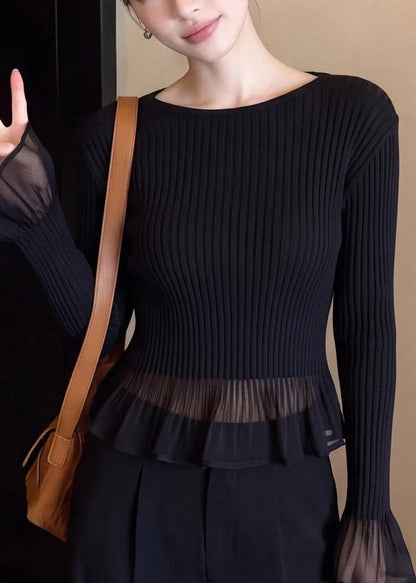French Black Ruffled Tulle Patchwork Knit Sweater Fall