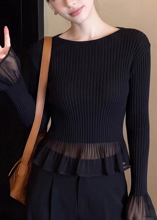 French Black Ruffled Tulle Patchwork Knit Sweater Fall