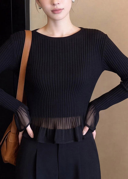 French Black Ruffled Tulle Patchwork Knit Sweater Fall