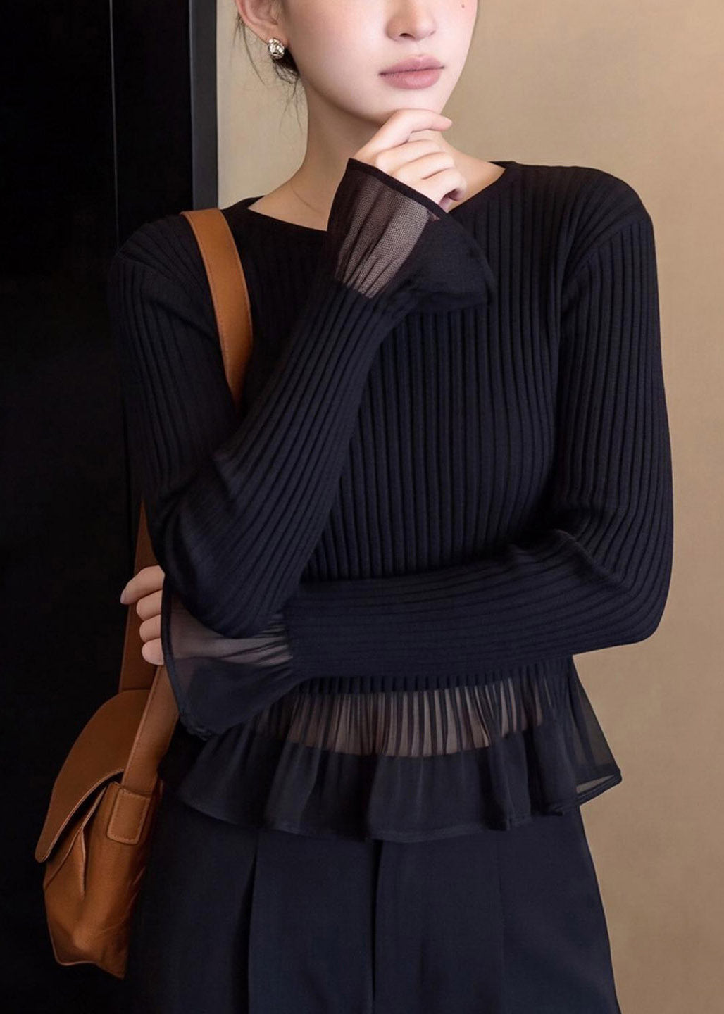 French Black Ruffled Tulle Patchwork Knit Sweater Fall