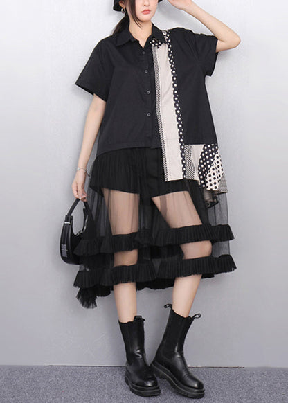 French Black Ruffled Tulle Patchwork Shirt Dress Summer